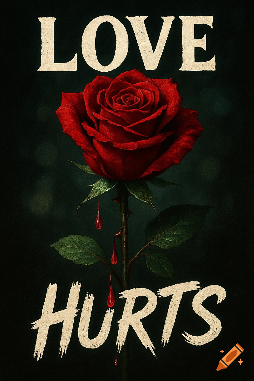 A vibrant red rose with drops of blood on its thorn, set against a dark, moody background. Text reads 'LOVE' above and 'HURTS' below.
