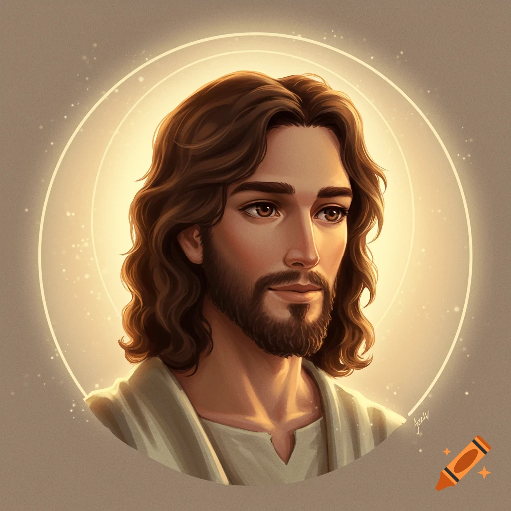 Stylized portrait of Jesus with wavy brown hair, a short beard, olive skin, and a golden halo against a light background.