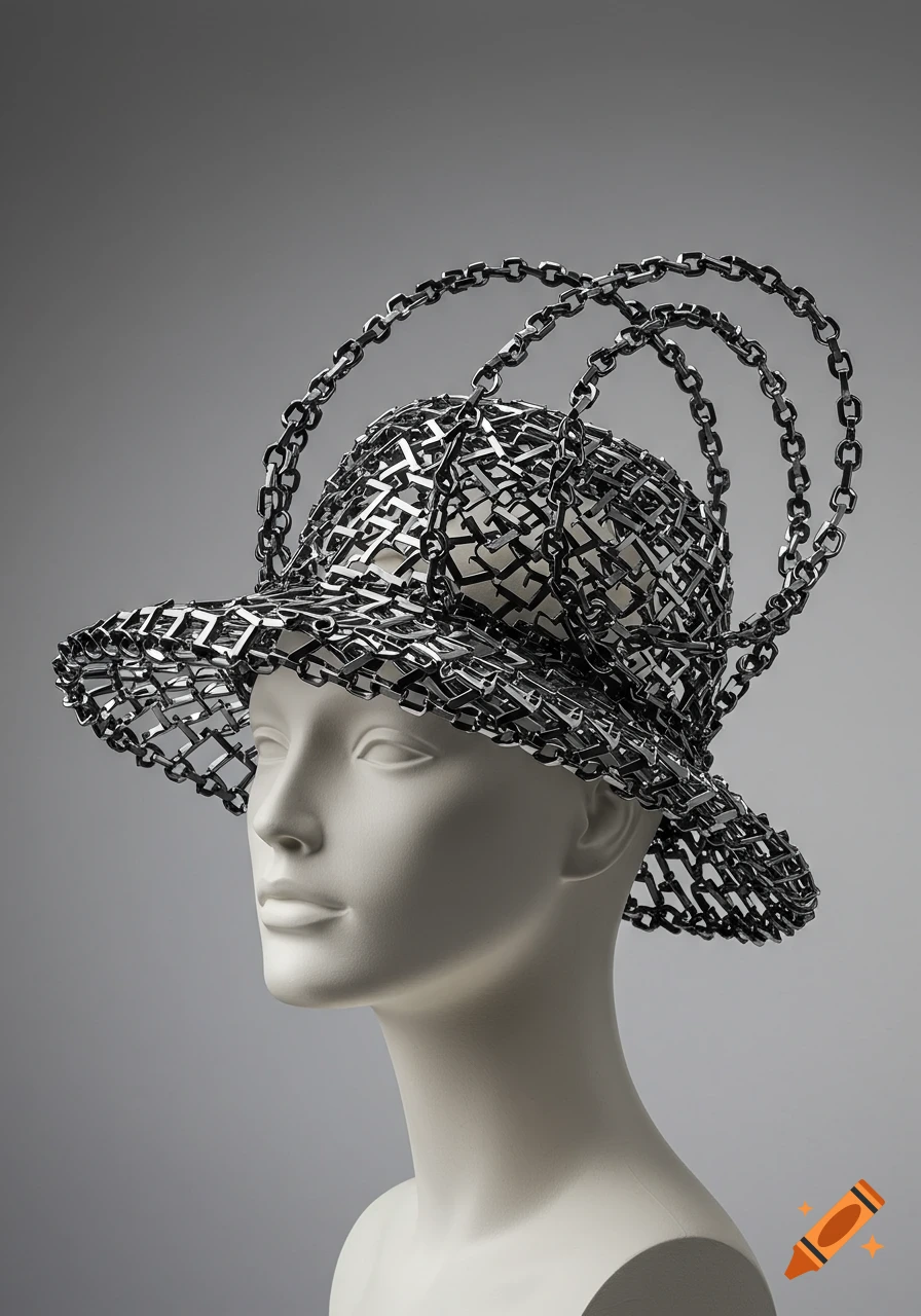 A hat made of metallic number 7 shapes and chains, displayed on a white mannequin head against a gray background.