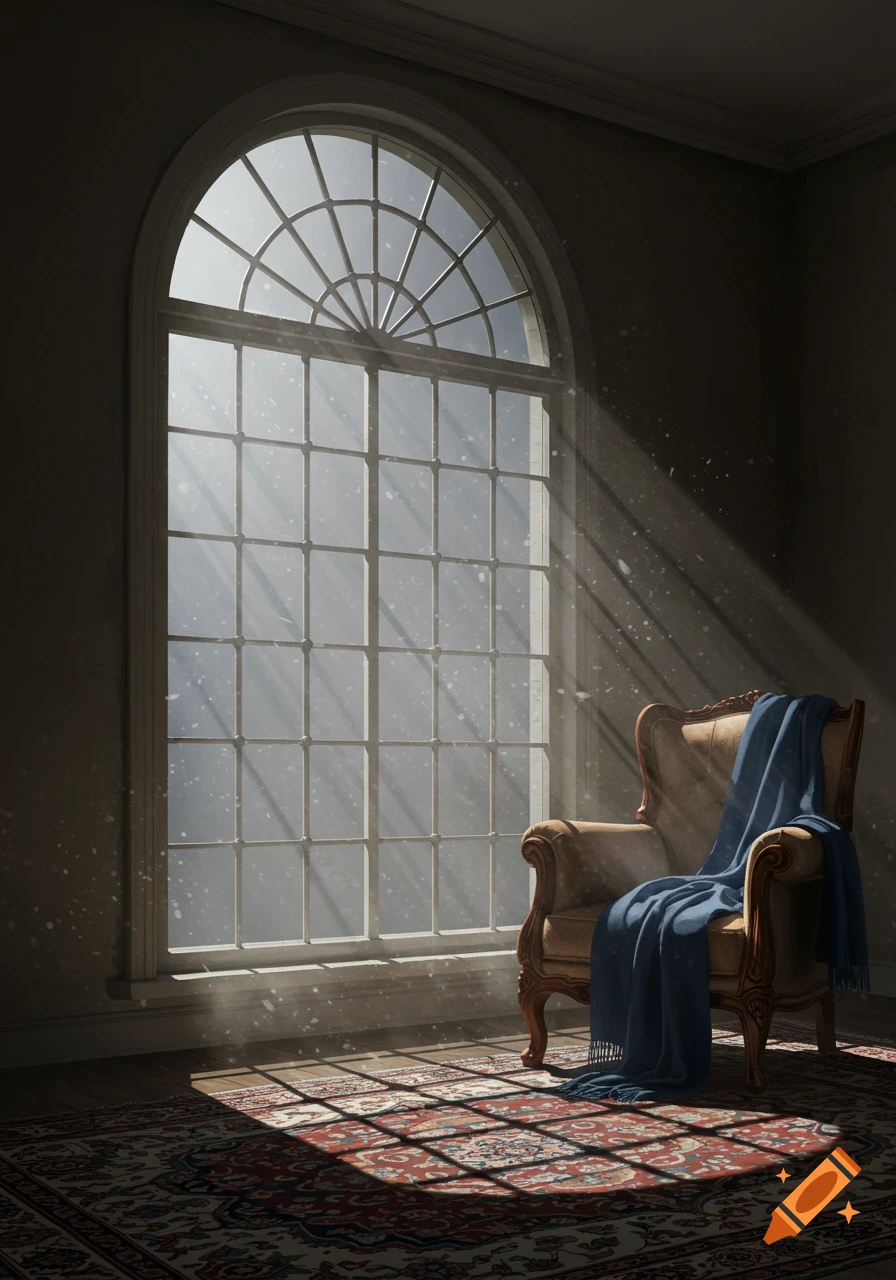 Sunlight streams through a large arched window, illuminating an ornate armchair with a blue blanket and a patterned rug in a dimly lit room.