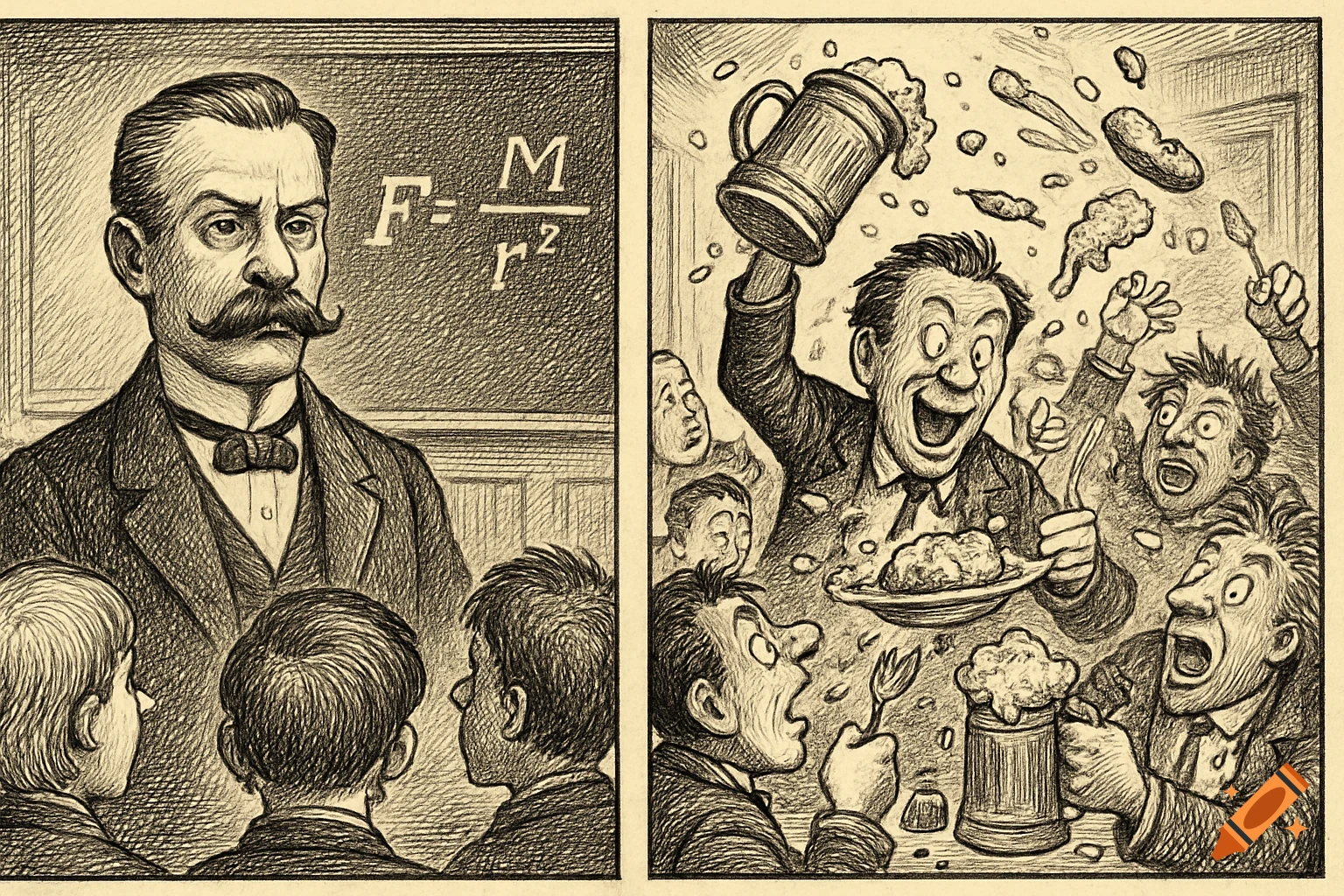 Two-panel vintage-style cartoon. Left: Stern professor teaches students at a blackboard with a physics equation. Right: The professor and men engage in a chaotic food fight with flying beer steins.