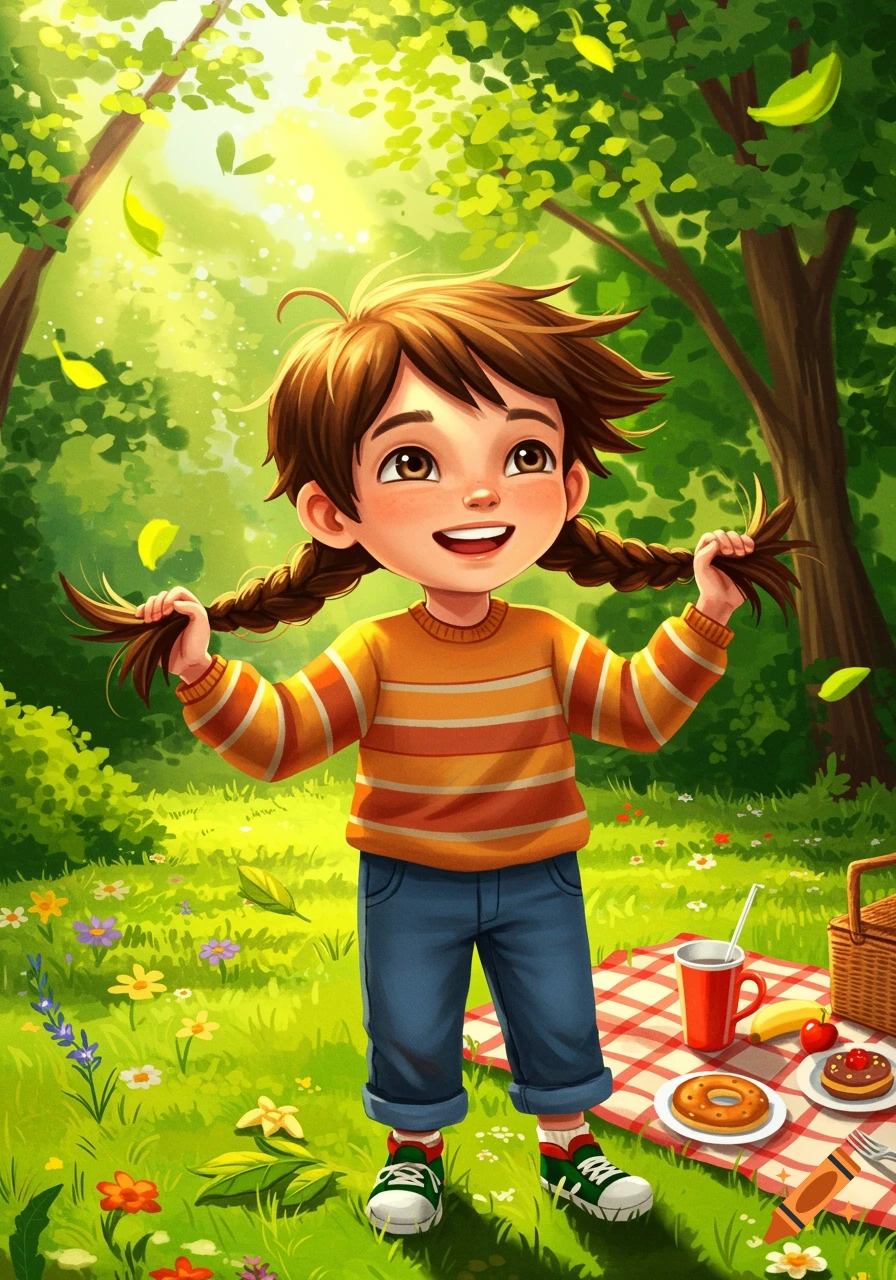 Happy cartoon child with pigtails in a sunny park with a picnic.