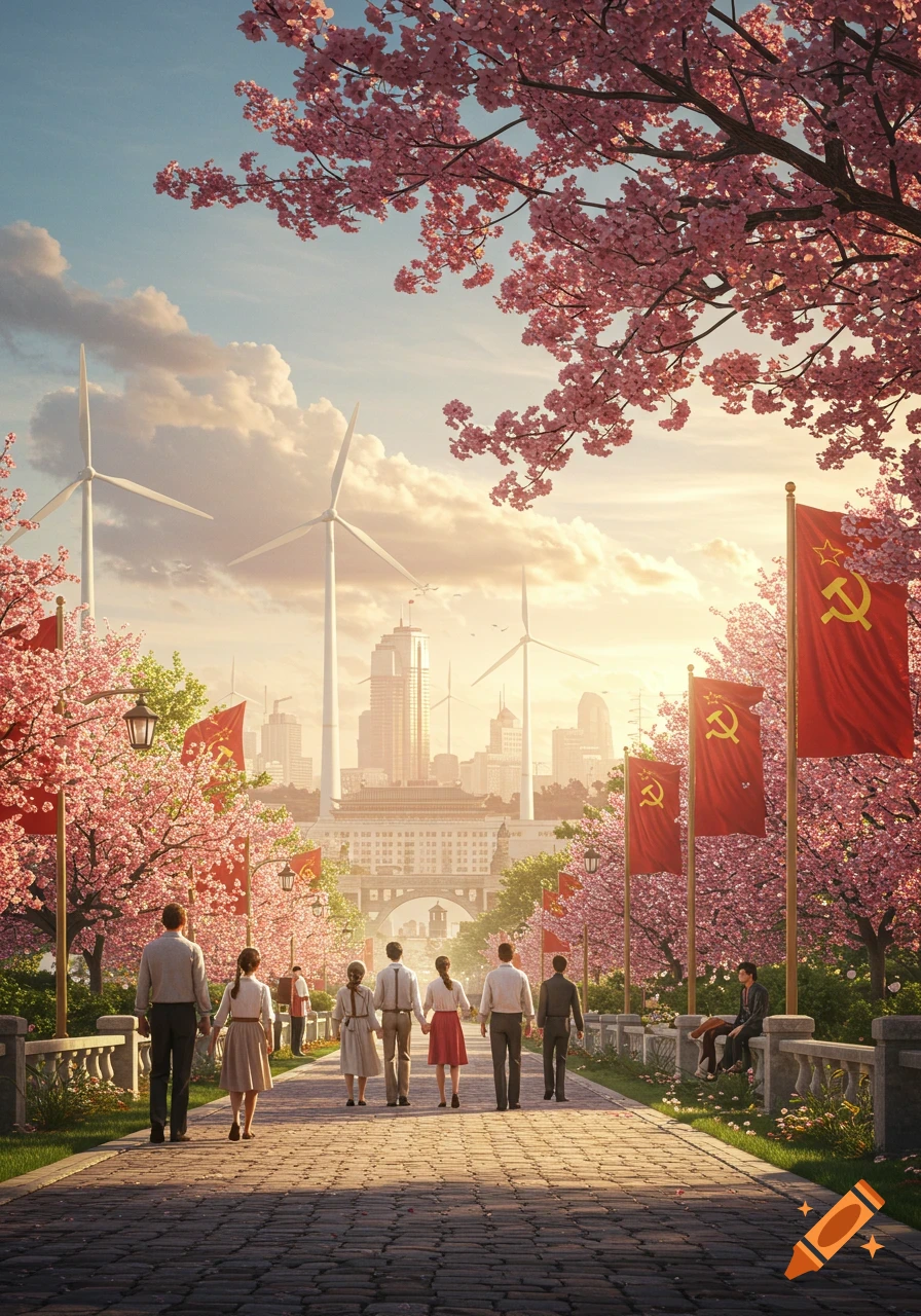 People walk on a path lined with cherry blossoms and flags featuring the hammer and sickle, leading to a modern city with wind turbines under a bright sky.