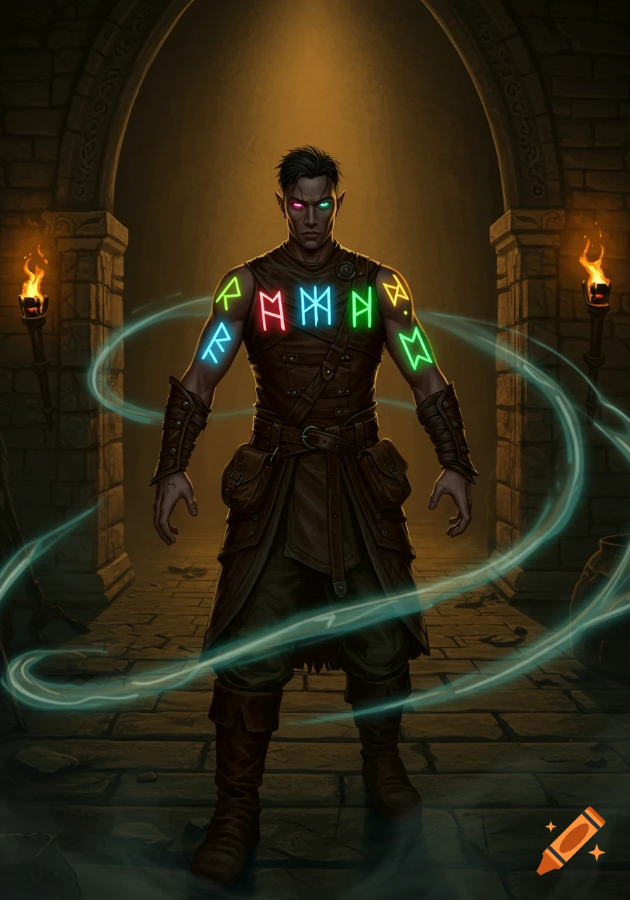 A male fantasy character with glowing rune tattoos and glowing eyes stands in a dark stone dungeon hallway with torches.