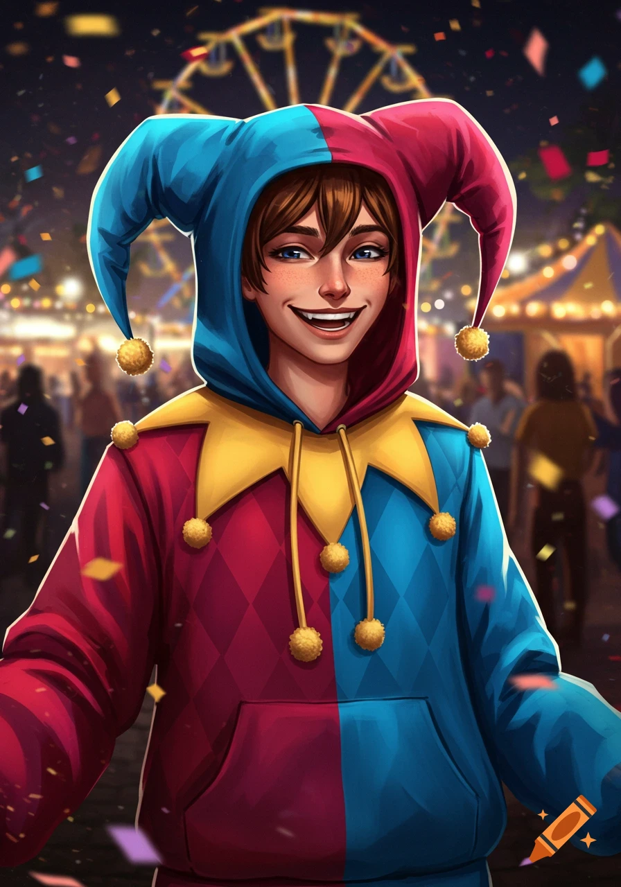 An illustration of a person in a red and blue jester hoodie with a yellow collar and pom-poms, smiling brightly at a vibrant carnival at night.