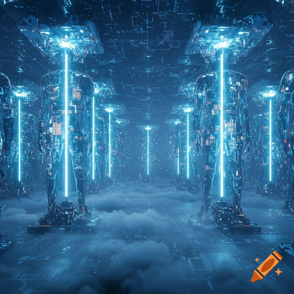Digital art of glowing, circuit-board humanoid figures in rows within a misty, dark, futuristic environment.