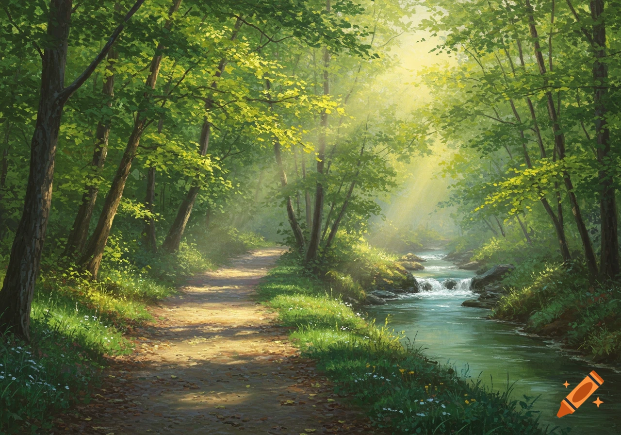 A sunlit forest path next to a stream, surrounded by green trees, in a semi-realistic painting style.