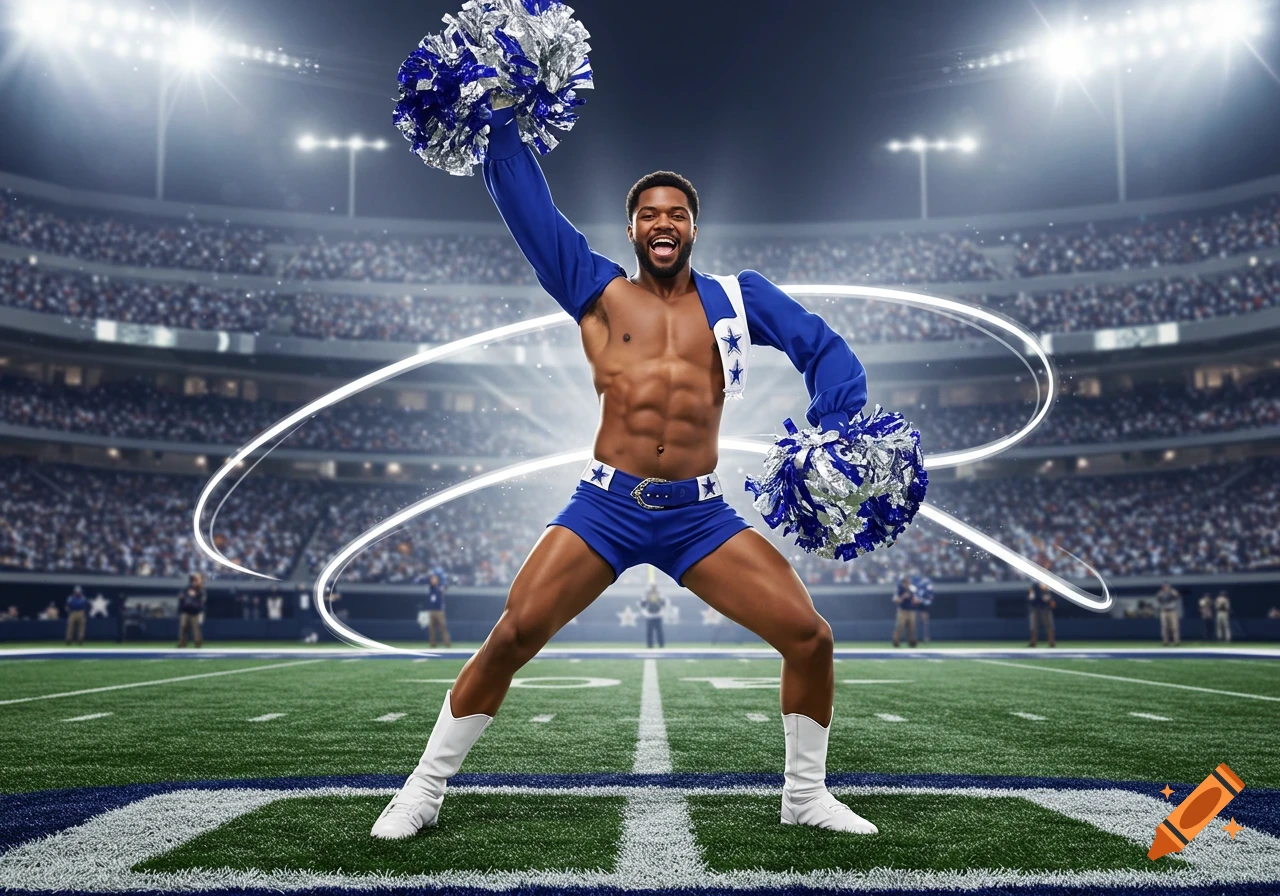 Muscular male Dallas Cowboys cheerleader in blue and white uniform, holding silver and blue pom-poms, cheering on a football field.