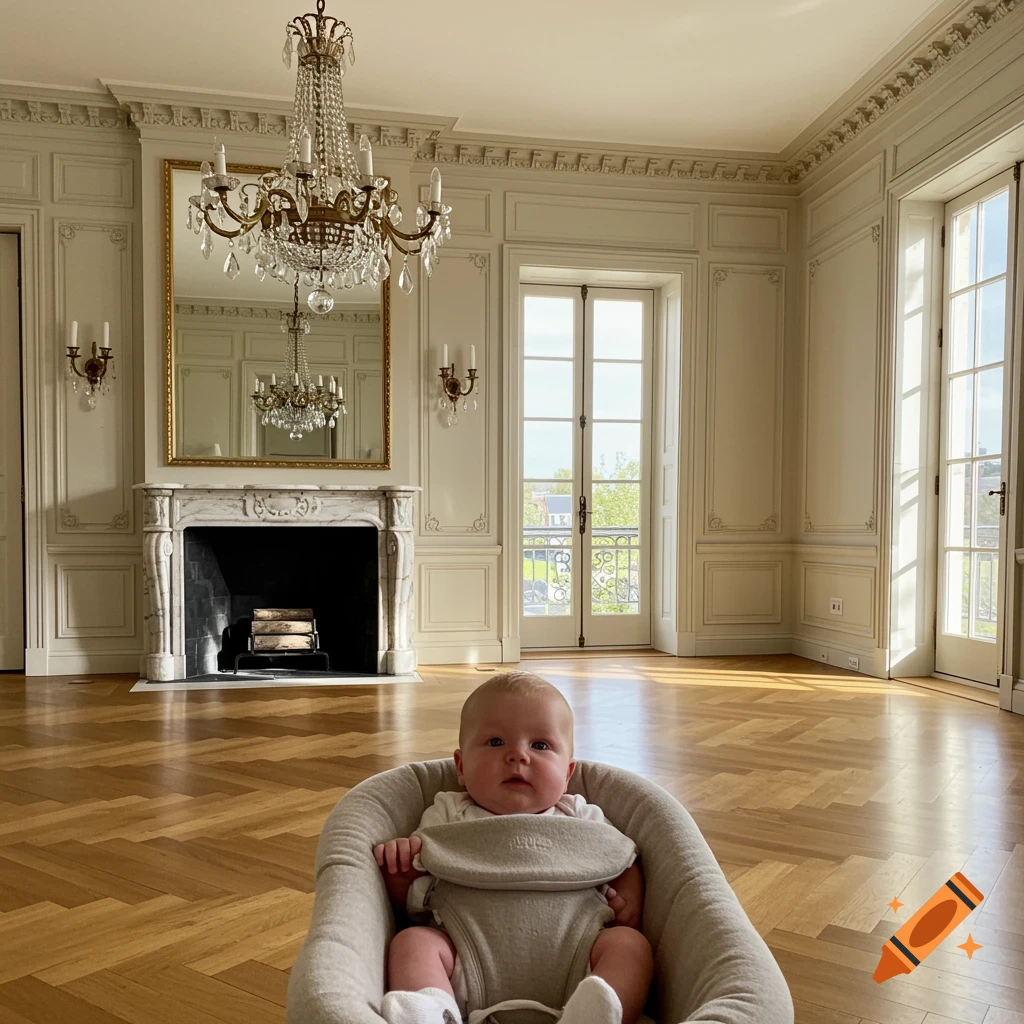 A baby sits in a bouncer in a luxurious, empty mansion living room with a fireplace, chandelier, and large windows.