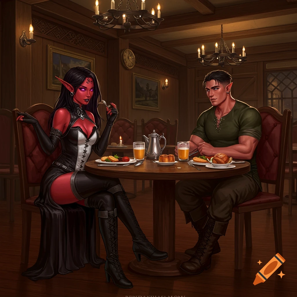 Red-skinned female elf and human man dining in a fancy tavern, digital art.
