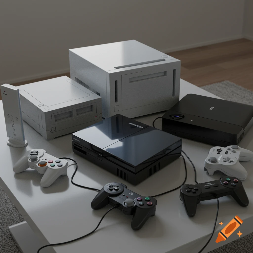 Several gaming consoles, including white and black models resembling a Wii, GameCube, PlayStation 2, and PlayStation 3, are arranged on a white table with wired controllers.