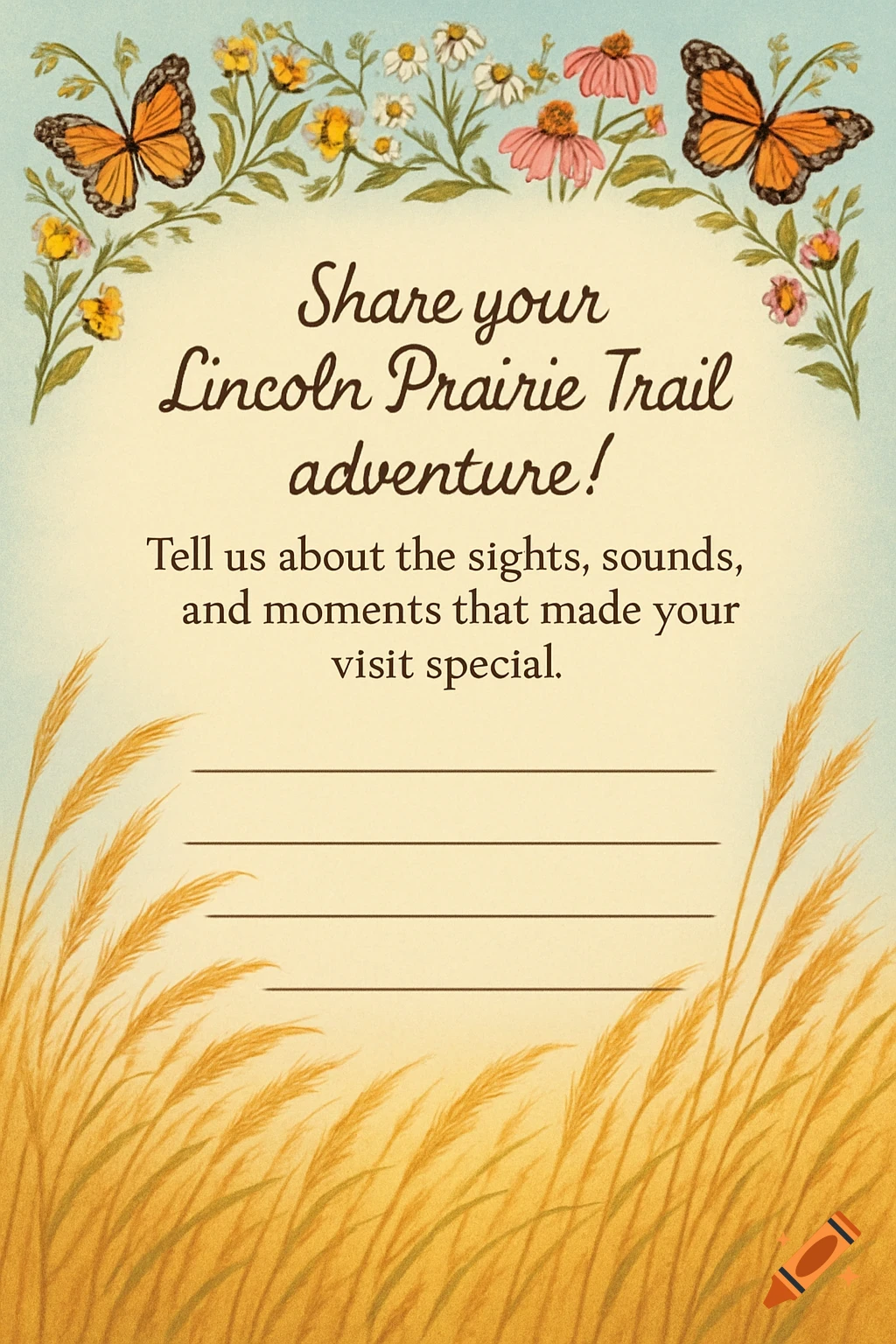 A vintage-style visitor log with butterflies and wildflowers at the top, prairie grass at the bottom, and text "Share your Lincoln Prairie Trail adventure! Tell us about the sights, sounds, and moments that made your visit special."