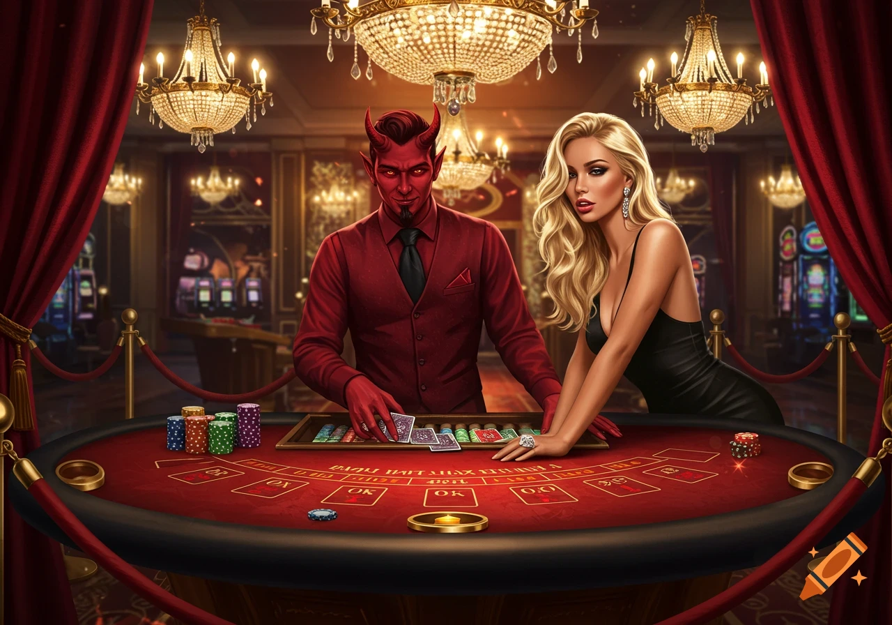 A devil dealer and a blonde woman with a diamond ring playing blackjack at a luxurious casino table.
