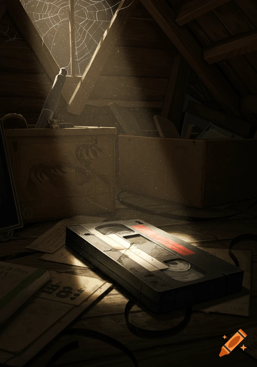 Dusty attic scene with a broken VHS tape and old papers on the floor, a spiderweb, and a beam of light.