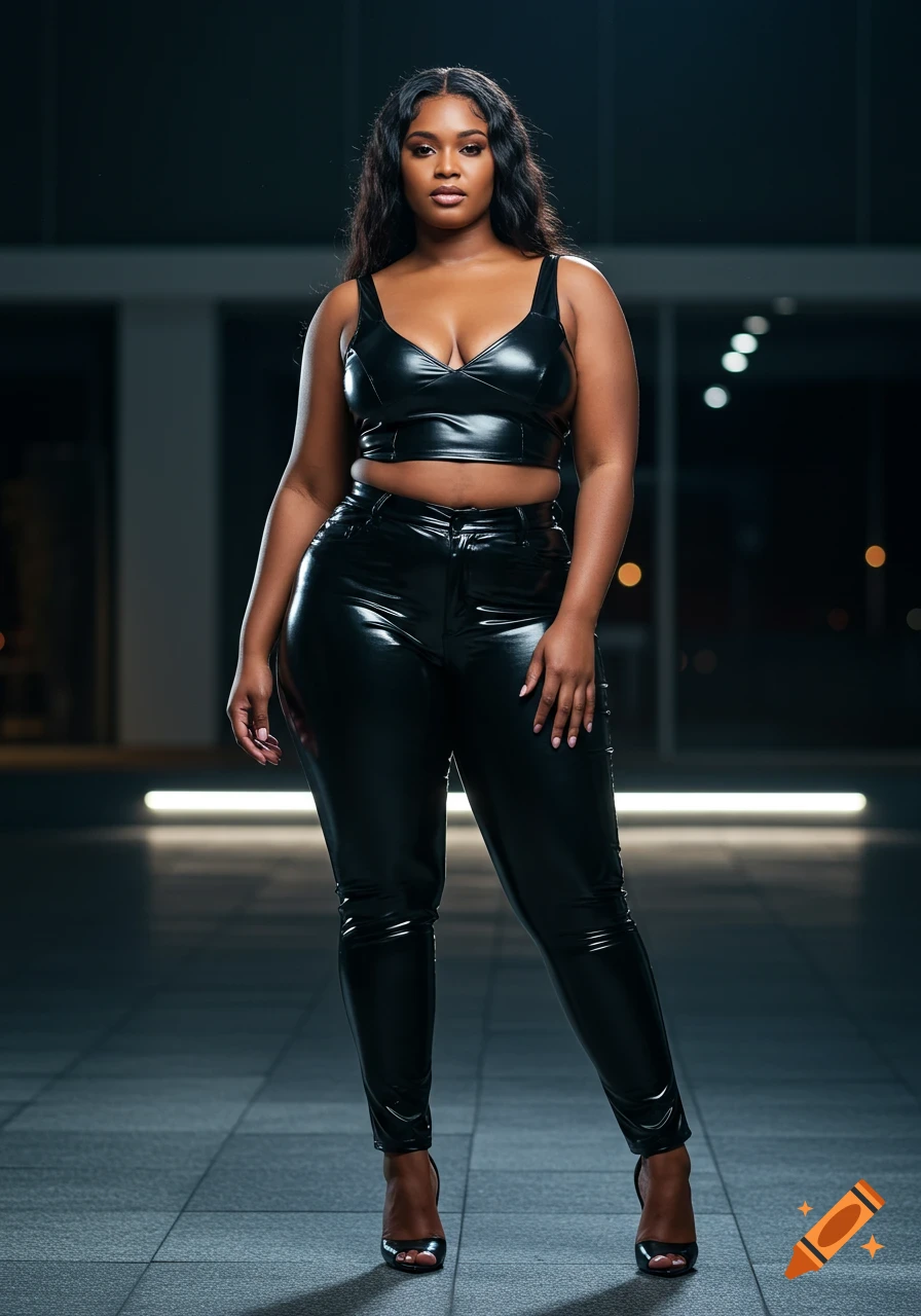 Photorealistic image of a woman in a shiny black leather crop top and pants standing in a dimly lit setting.