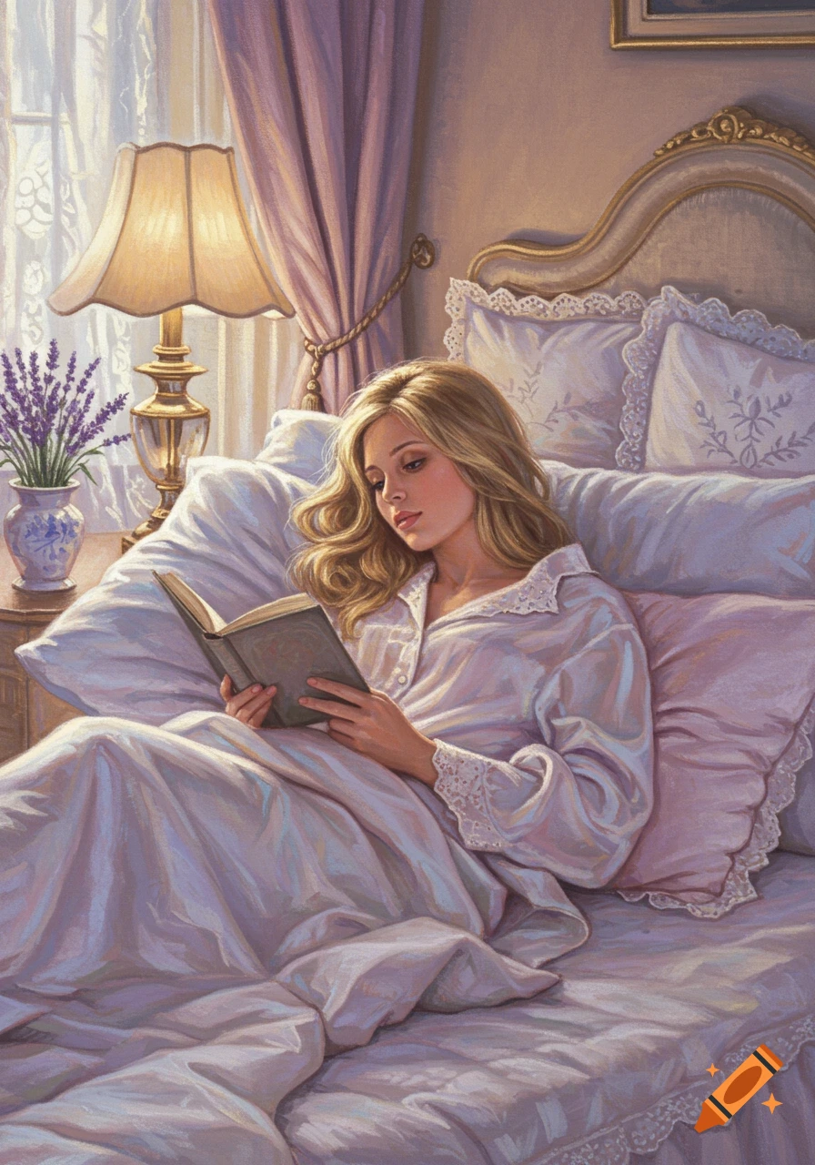 Pastel drawing of a blonde woman in white pajamas reading a book in bed, with lavender flowers on a bedside table.