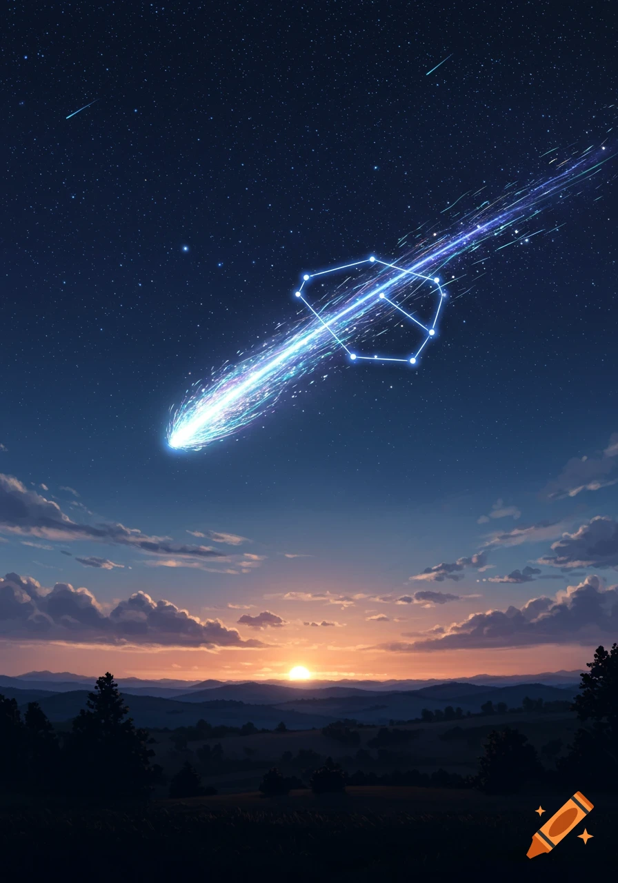 Illustrated night sky with a comet and glowing constellation above a sunset over rolling mountains and fields.