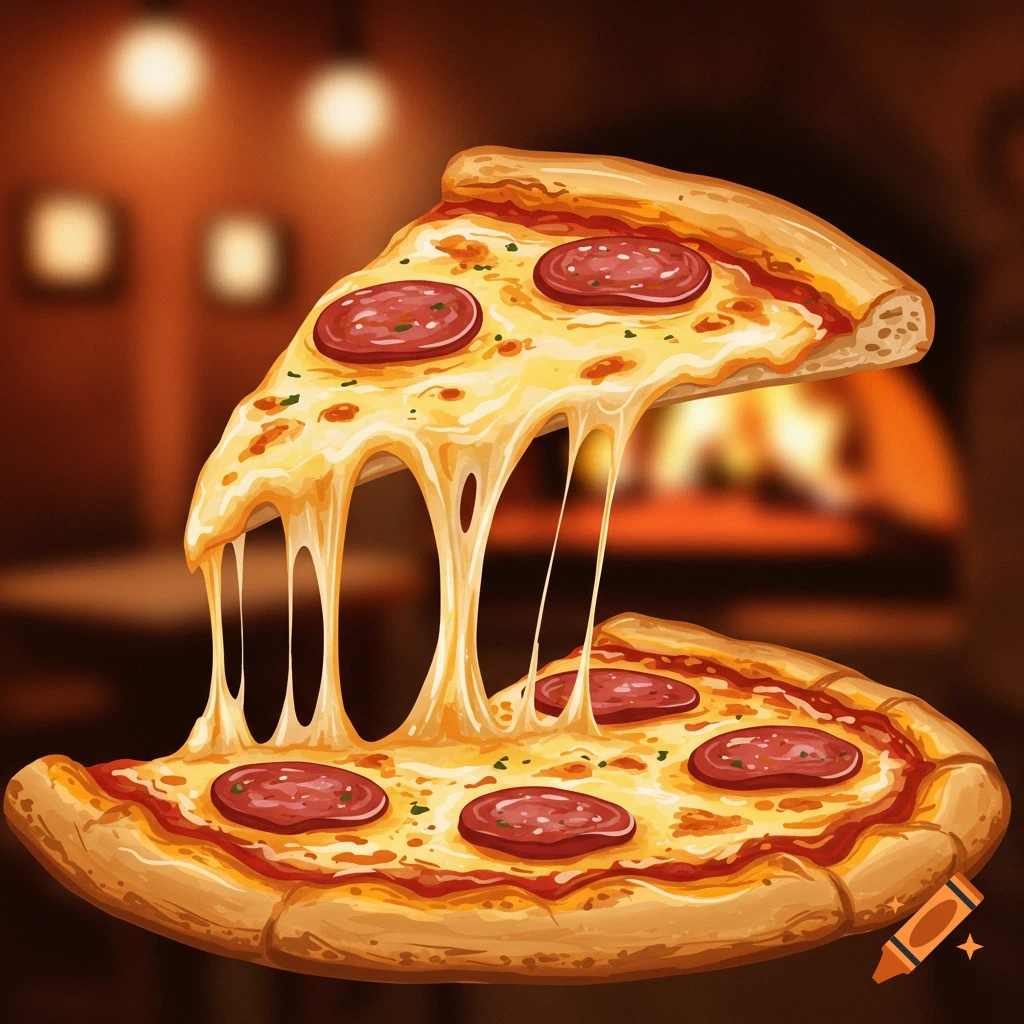 An appetizing cartoon illustration of a pepperoni pizza slice being lifted, with long strands of melted cheese stretching down to the pizza below, in a blurred restaurant background with a pizza oven.