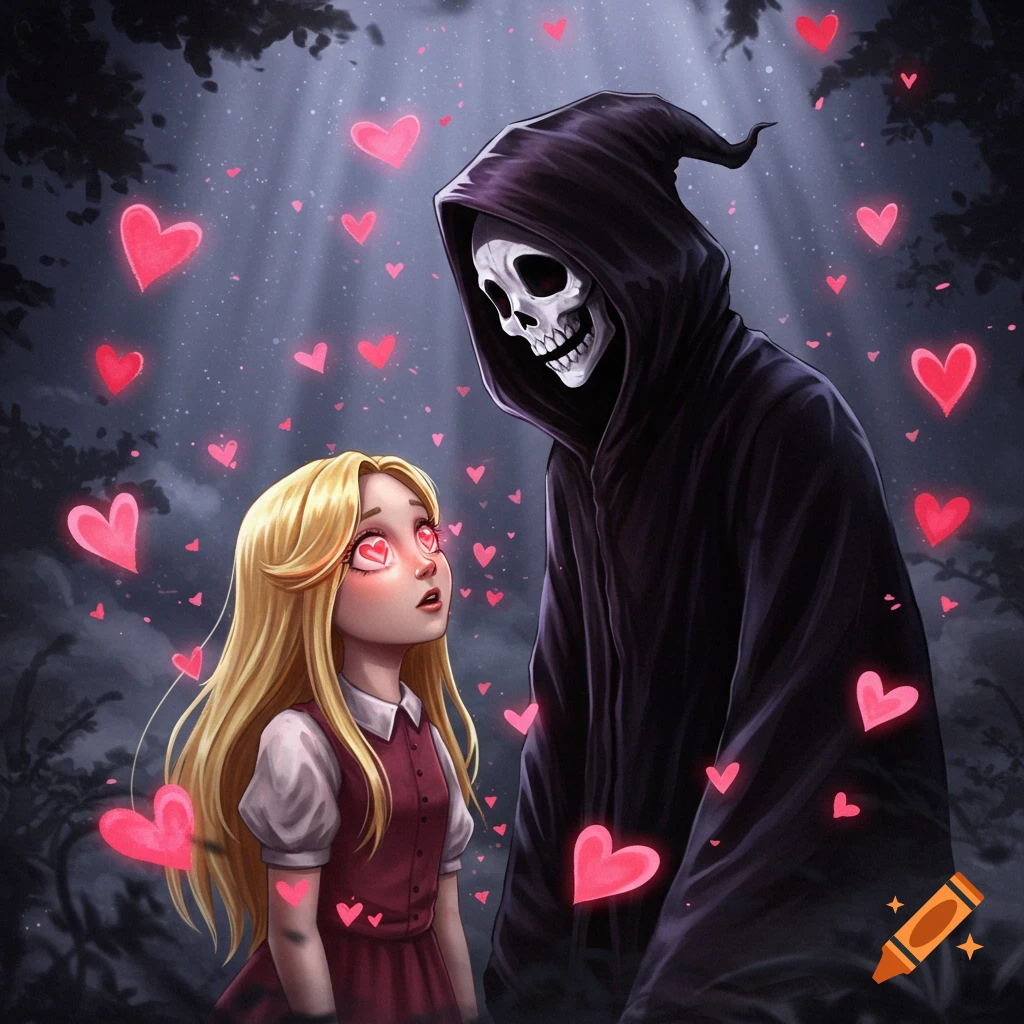 A blonde girl with heart eyes stares at a smiling Grim Reaper surrounded by floating pink hearts in a dark forest.