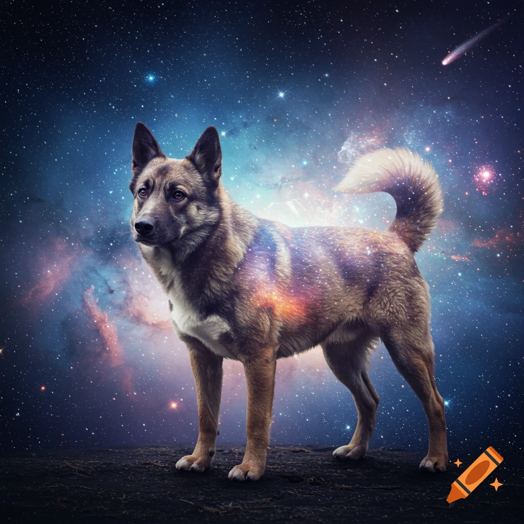 A photorealistic dog with galaxy patterns on its fur stands on a dark ground against a vibrant starry nebula background.