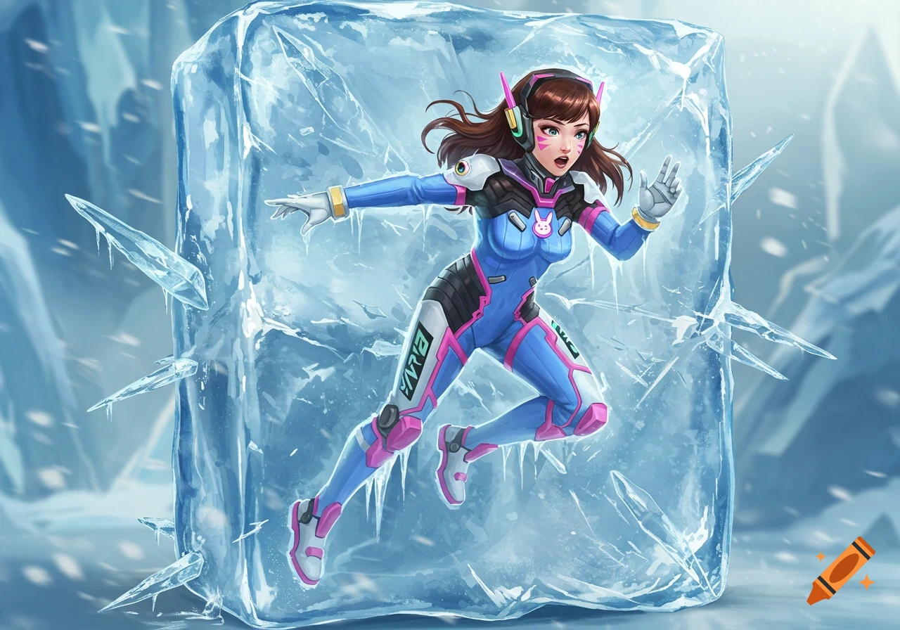 D.Va from Overwatch frozen in a large ice block, with ice shards, in an arctic scene, anime art style.