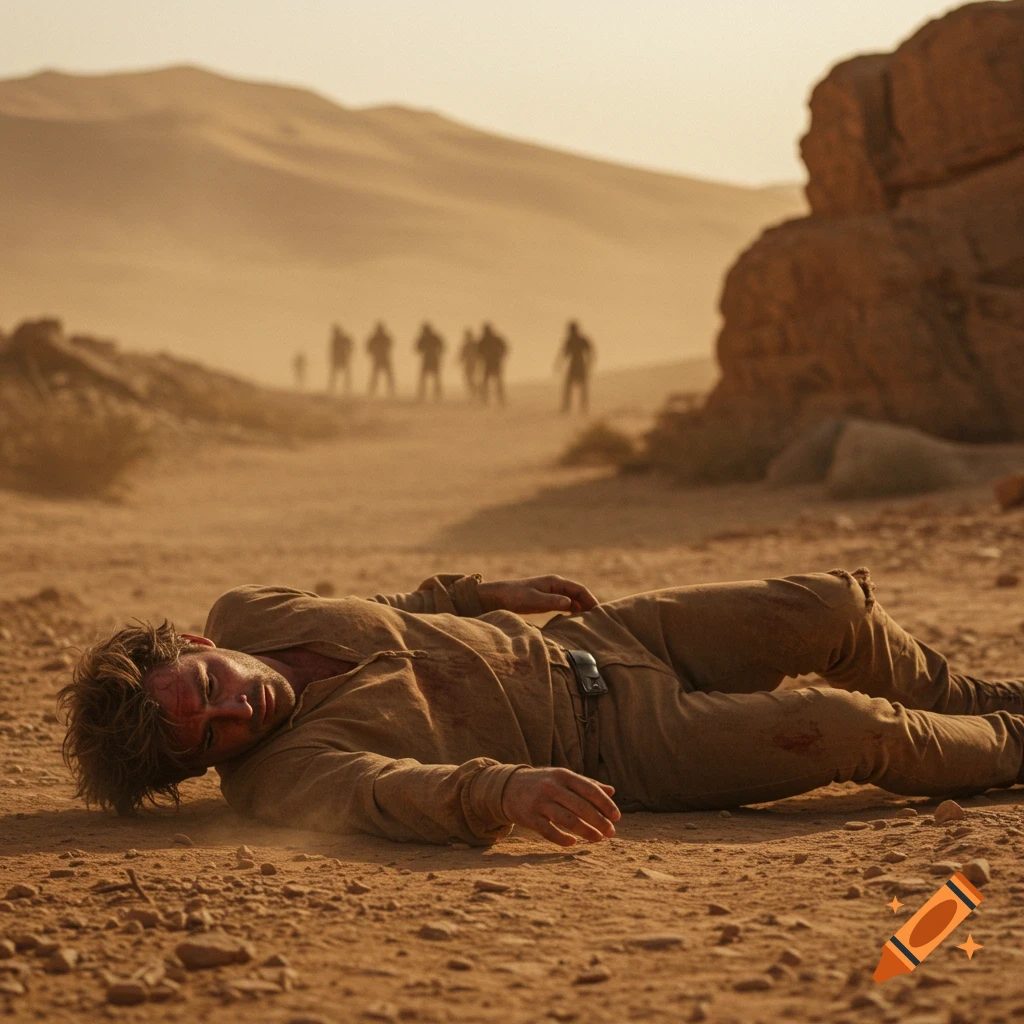 A wounded man lies on a rocky desert path with blurred figures disappearing in the distance under soft morning light.