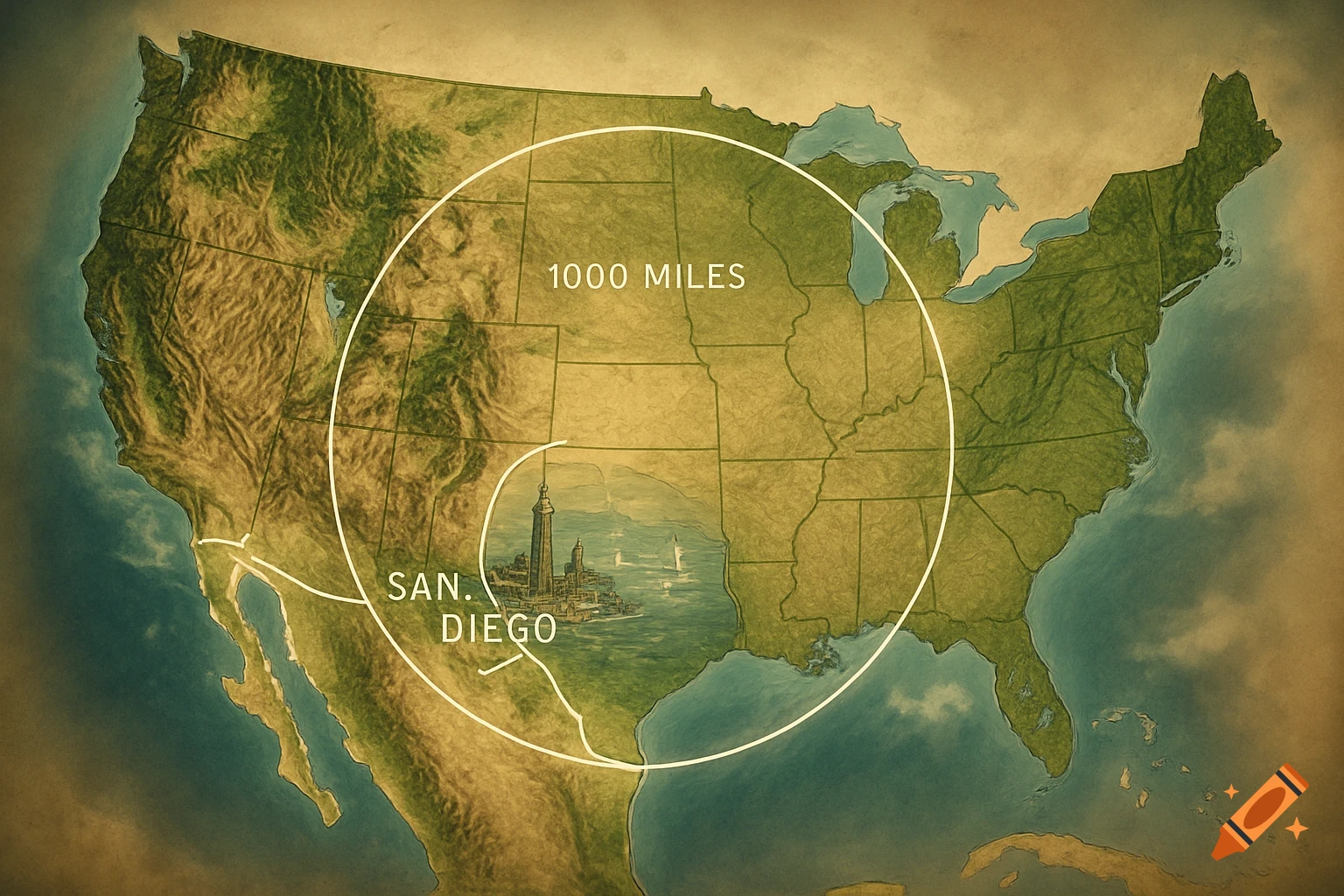 Vintage-style map of the continental US with a 1000-mile radius circle centered on San Diego.