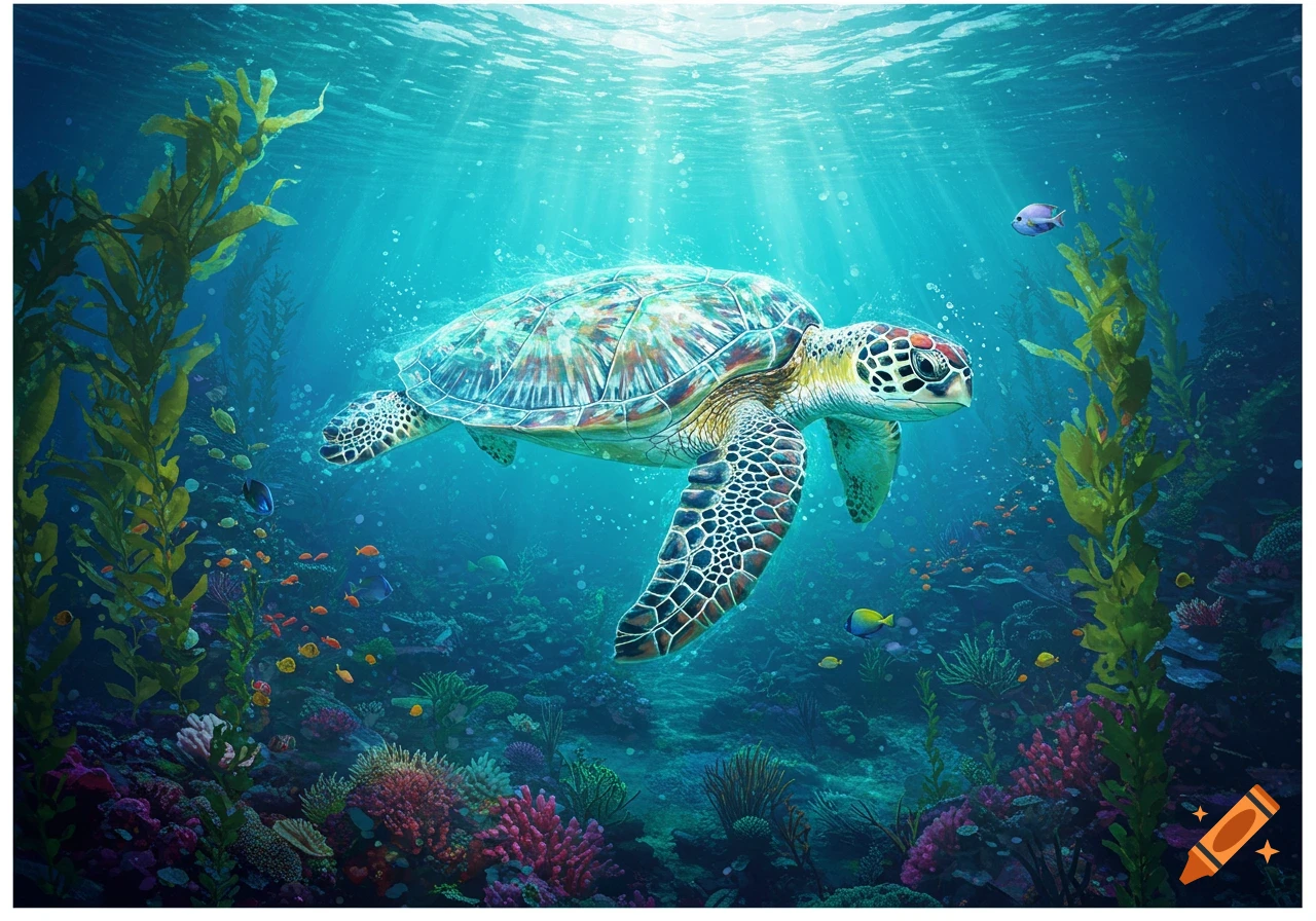 A vibrant underwater scene with a sea turtle swimming among colorful coral reefs, tall kelp, and small fish, with sunbeams filtering from above.