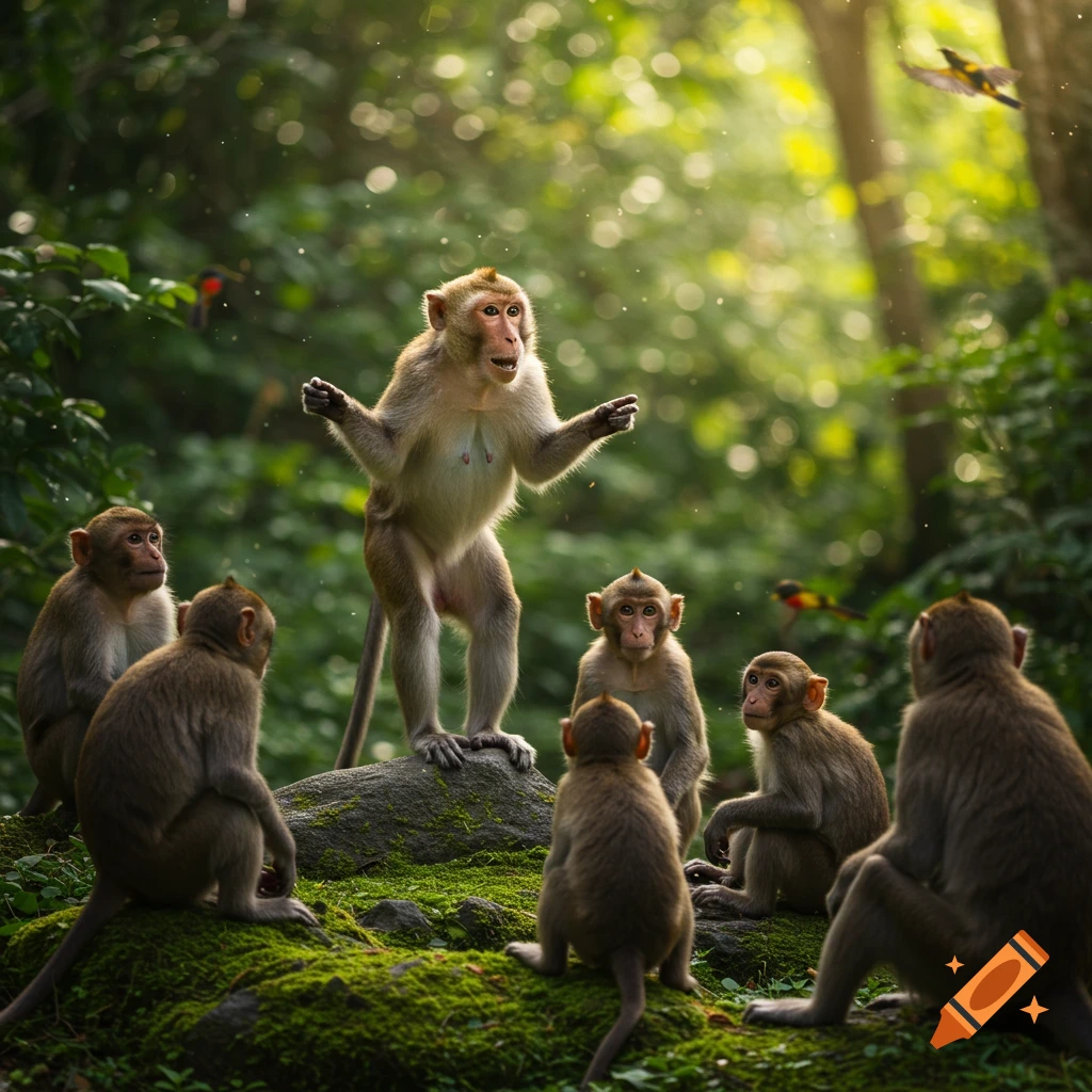 Photorealistic image of a monkey lecturing a group of other monkeys in a sun-dappled forest with lush greenery.