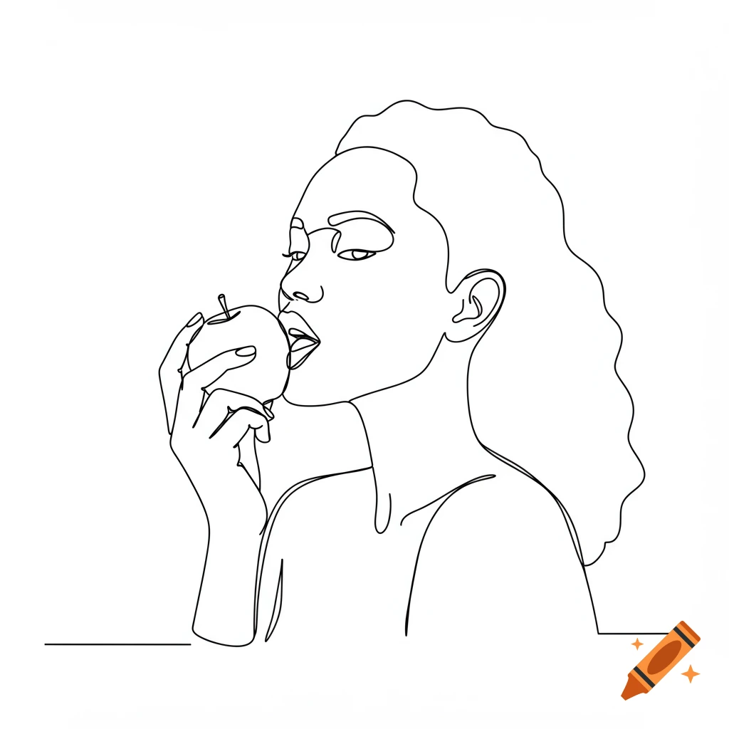 Minimalist line art portrait of a woman with curly hair biting into an apple.