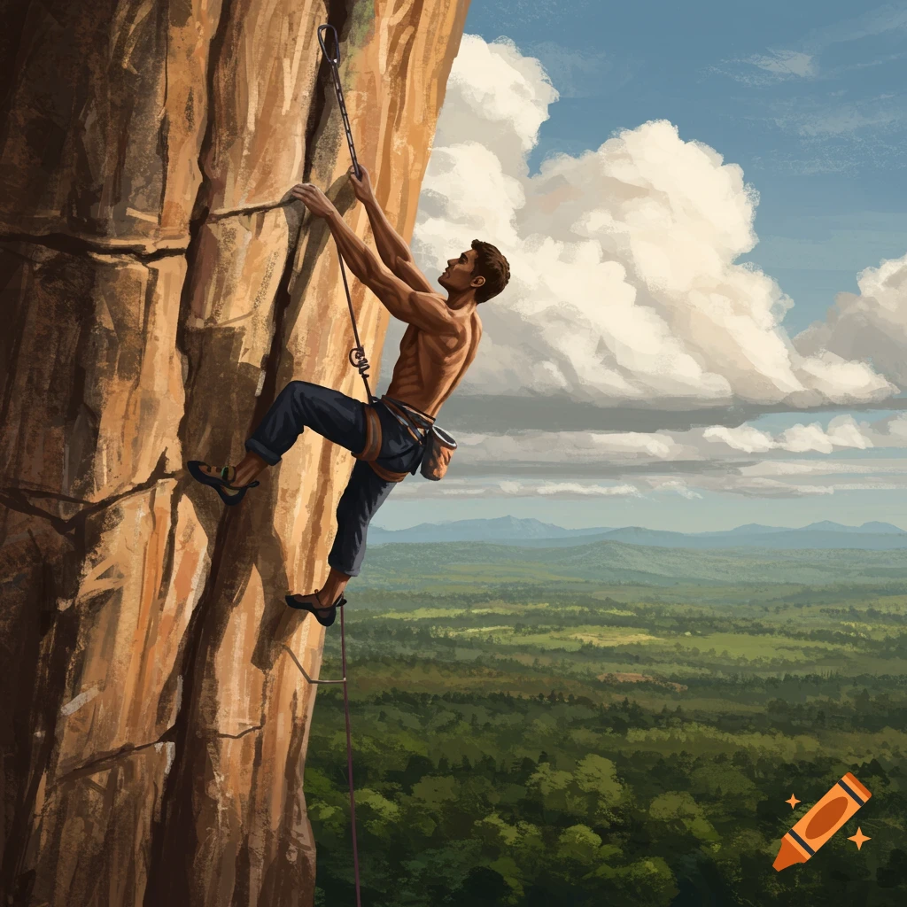 A shirtless man rock climbing a tall cliff face, with a vast green landscape and cloudy sky in the background, in a painted style.
