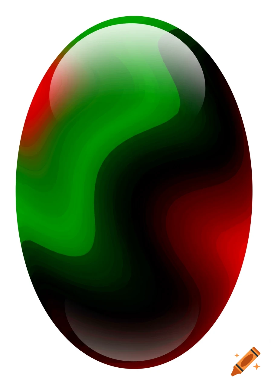 A glossy oval shape with swirling patterns of red, green, and black colors, featuring bright highlights.