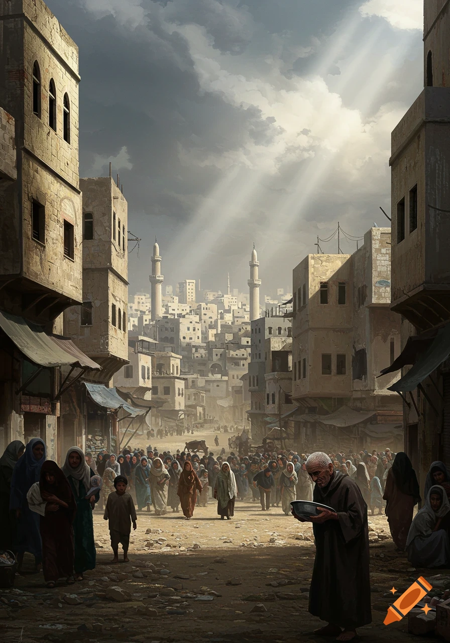 A photorealistic painting of a crowded Middle Eastern street with old buildings and minarets, bathed in sun rays breaking through dramatic clouds. An old man holds a bowl in the foreground.