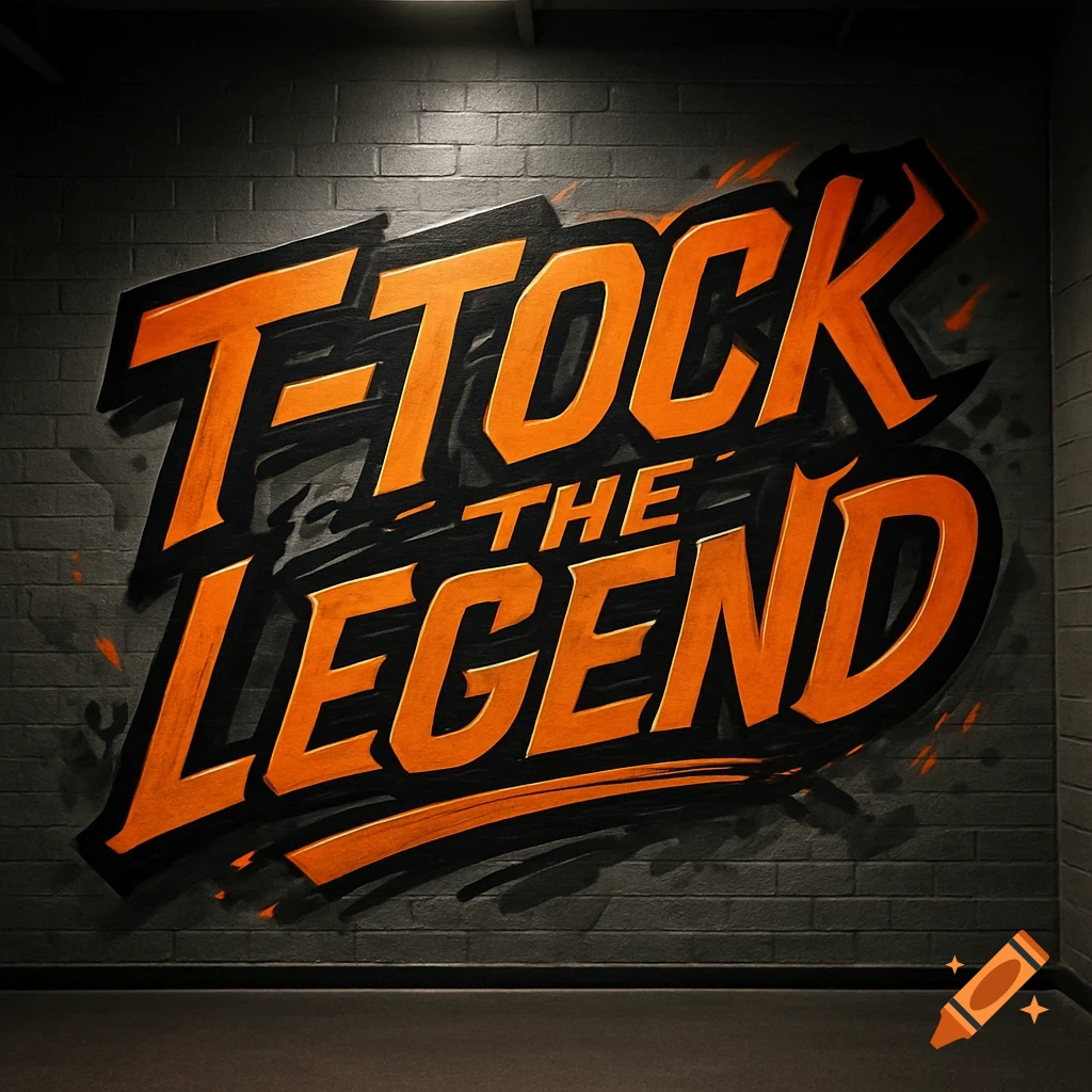 Orange and black stylized graffiti reading "T-TOCK THE LEGEND" on a dark brick gym wall.