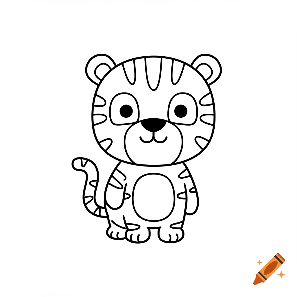 A simple, cute black-and-white line drawing of a friendly cartoon tiger for coloring.