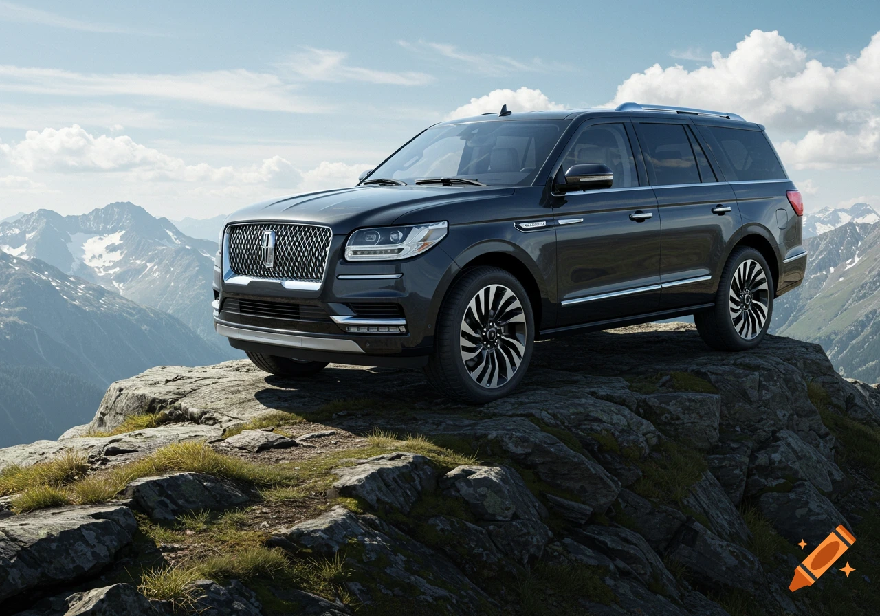 Photorealistic image of a dark gray Lincoln Navigator SUV parked on a rocky mountain peak with snow-capped mountains in the background.
