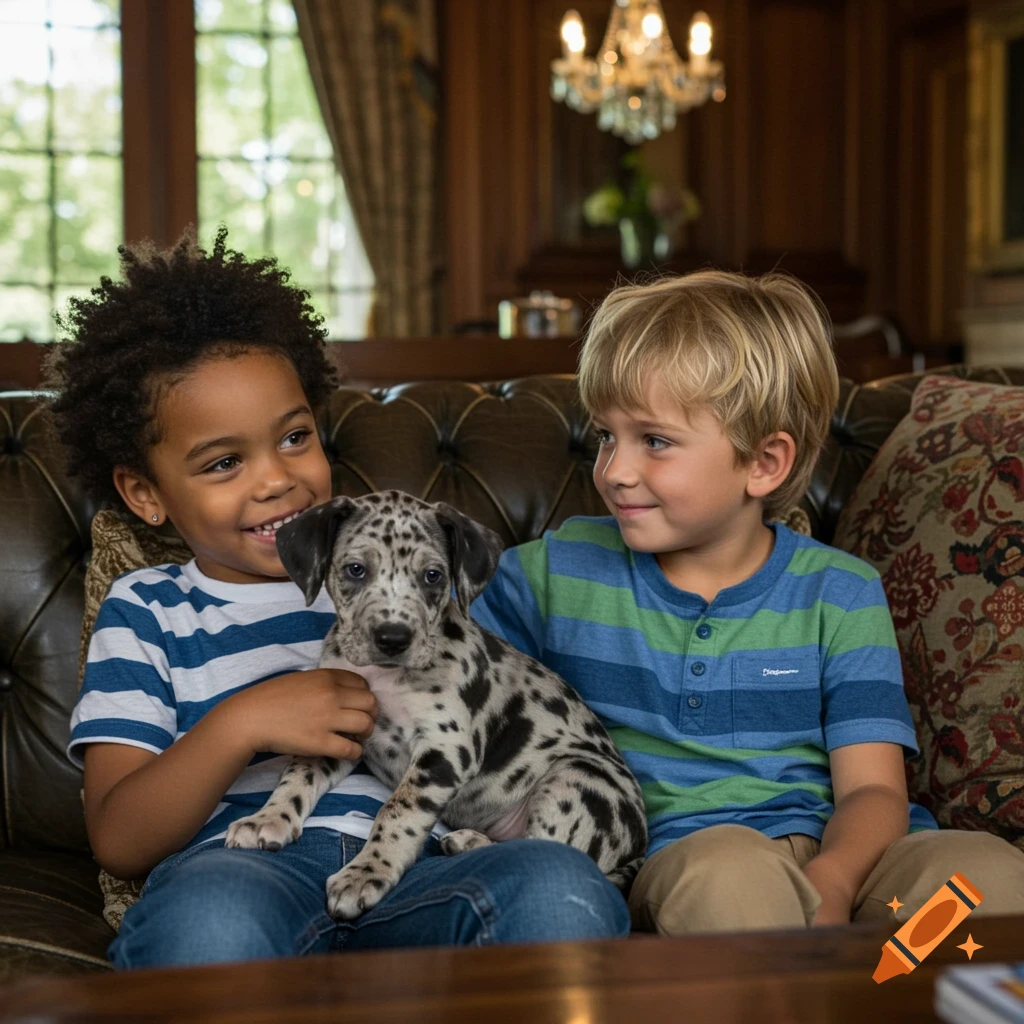 Two smiling boys, one with a dalmatian-spotted puppy, sit on a leather couch in a cozy room.