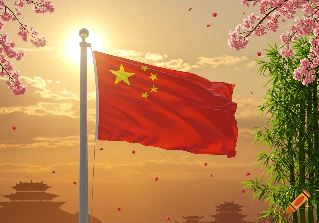 The Chinese flag waving at sunset, framed by cherry blossoms and bamboo, with traditional architecture silhouetted.