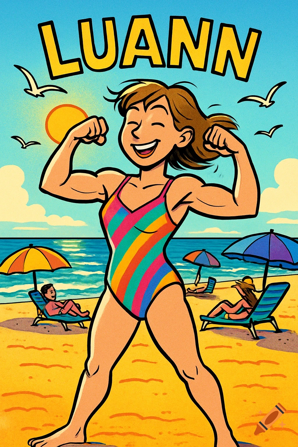 A cartoon woman in a colorful swimsuit flexing her biceps on a sunny beach, with 'LUANN' text above.
