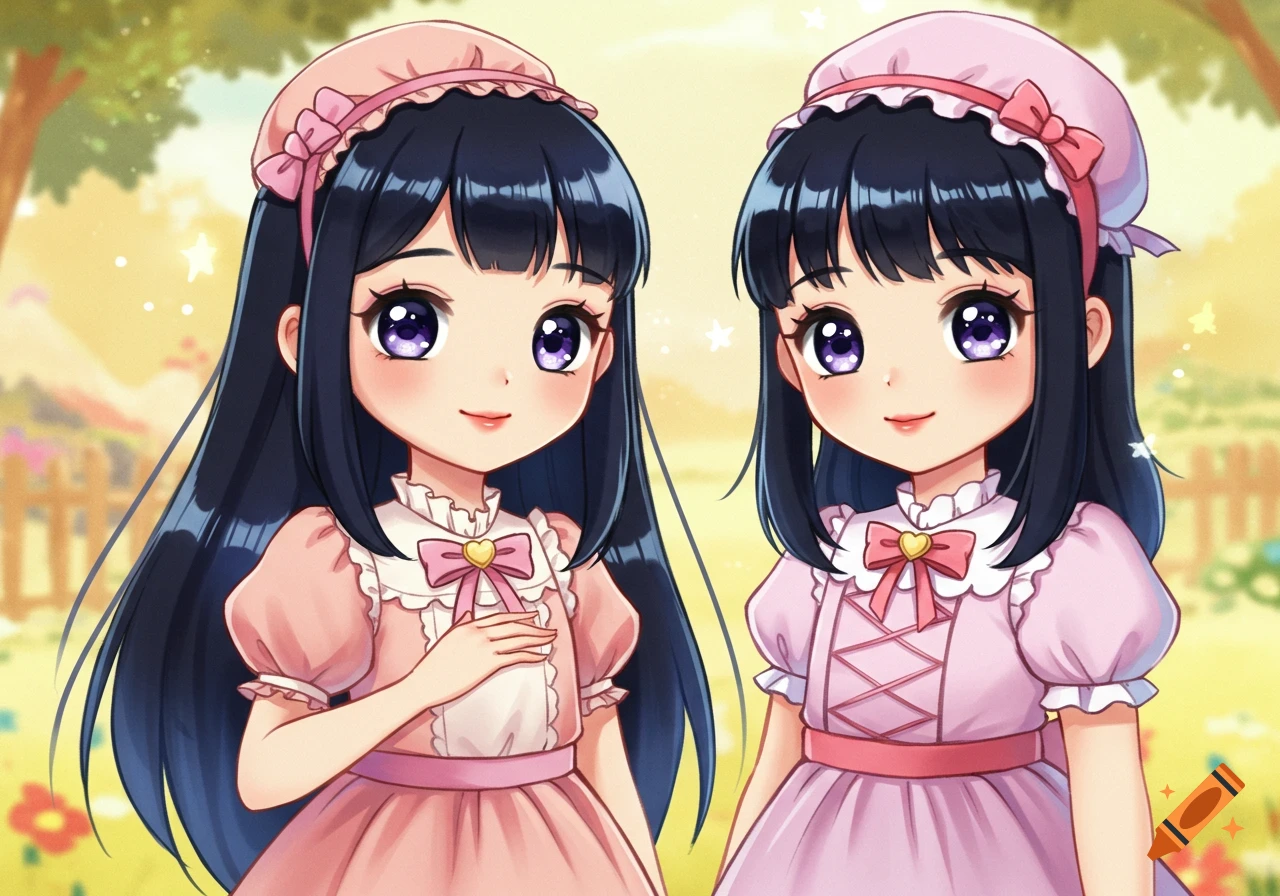 Two anime girls with long black hair and large purple eyes wear pink fantasy dresses in a bright, cheerful outdoor setting.