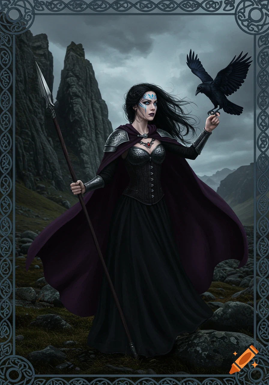 A dark-haired fantasy warrior woman with face paint and a purple cloak stands in a rocky landscape, holding a spear and a raven.