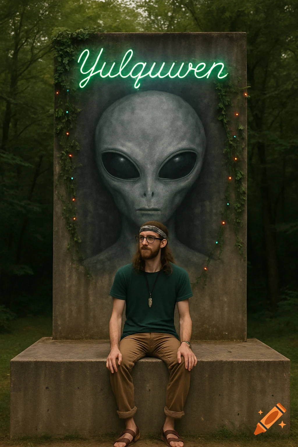 Photorealistic image of a man sitting on a concrete dais in a forest, in front of a large slab with a grey alien painting and a neon 'Yulquwen' sign.