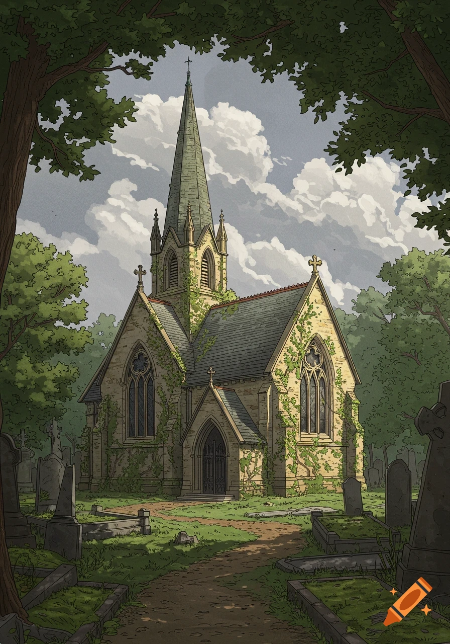 An illustrated view of an old stone church covered in ivy, with a tall steeple, surrounded by a graveyard and trees under a cloudy sky.