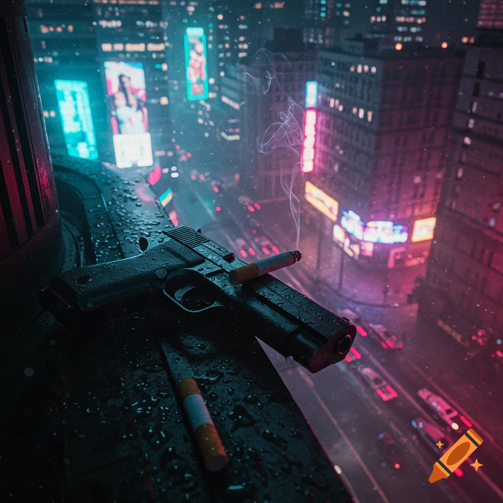 A photorealistic cyberpunk image of a pistol and a lit cigarette on a wet railing, overlooking a rainy futuristic city at night.