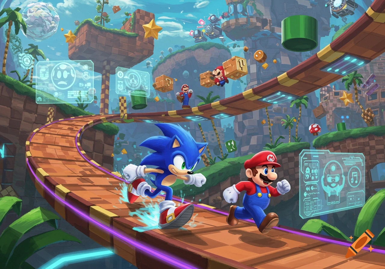 Sonic and Mario race on a vibrant, futuristic platforming track with holographic displays, in a detailed cartoon style.