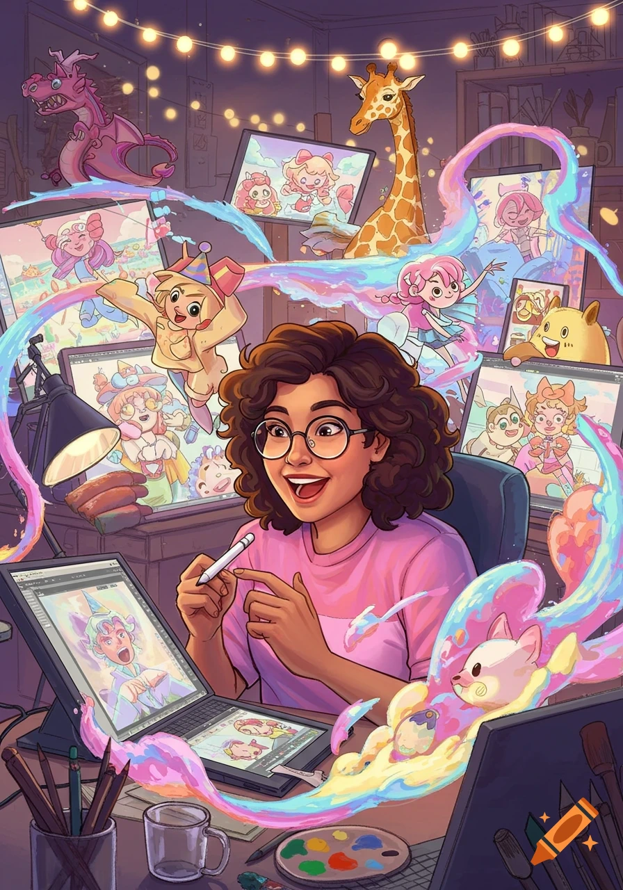 Smiling woman with curly hair and glasses draws on a digital tablet, surrounded by whimsical cartoon characters in a vibrant room.