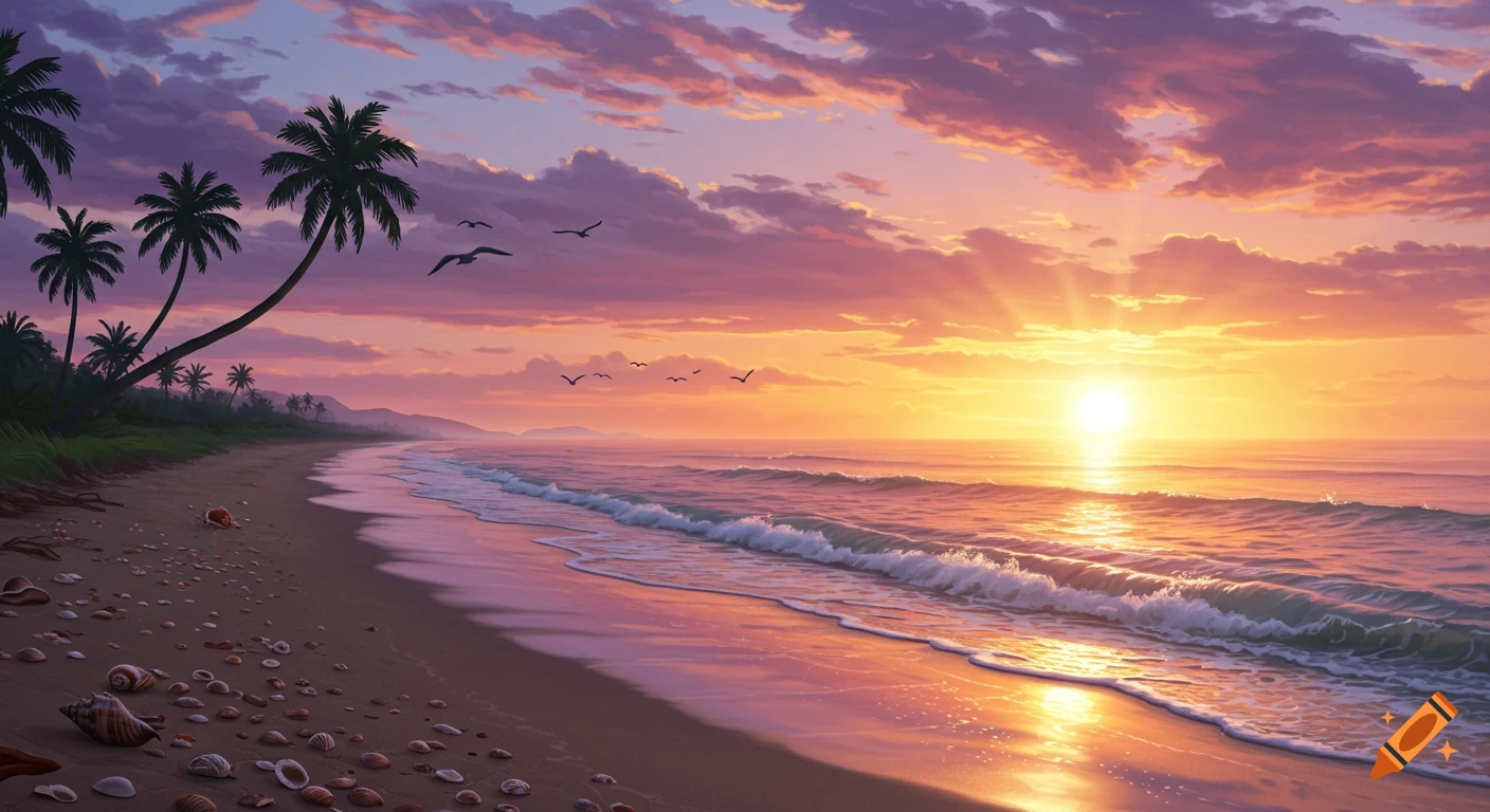 A vibrant sunrise over a sandy beach with palm trees, ocean waves, and scattered seashells under a colorful sky.