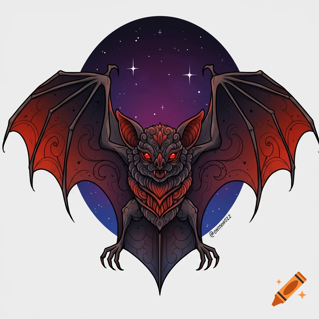 A stylized neotraditional tattoo design of a bat with red glowing eyes and red-accented wings, against a starry night sky background.