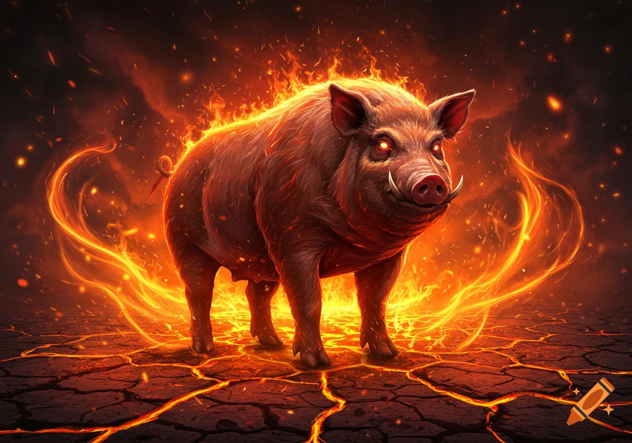 A fierce wild boar engulfed in stylized flames, standing on cracked, glowing ground, with bright red eyes and tusks.