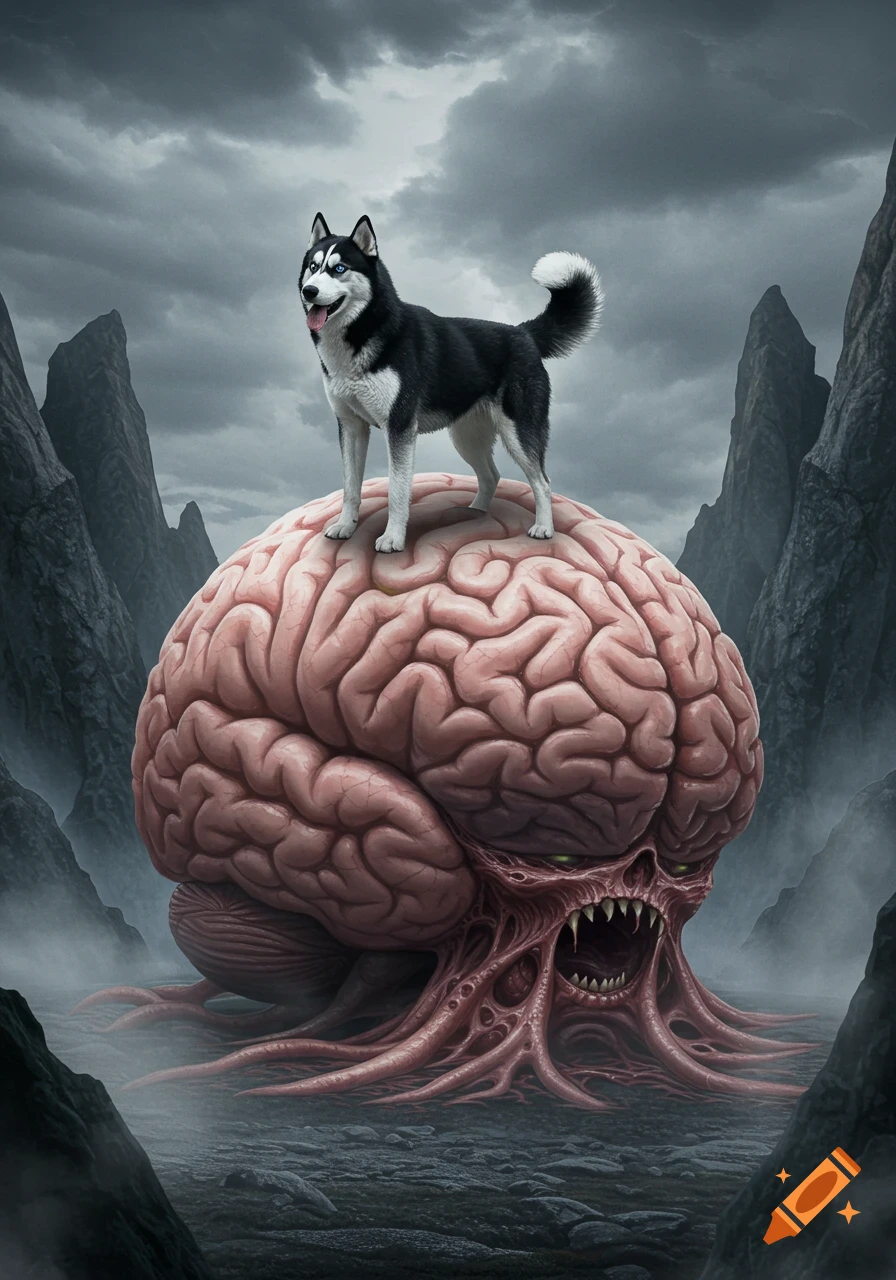 A husky stands atop a giant, grotesque brain monster with tentacles and fangs in a gloomy, mountainous landscape.
